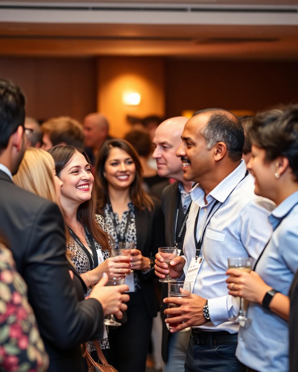Professionals with name tags mingling at a networking event